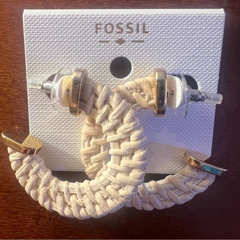 Fossil Cream and Gold Woven Hoop Earrings